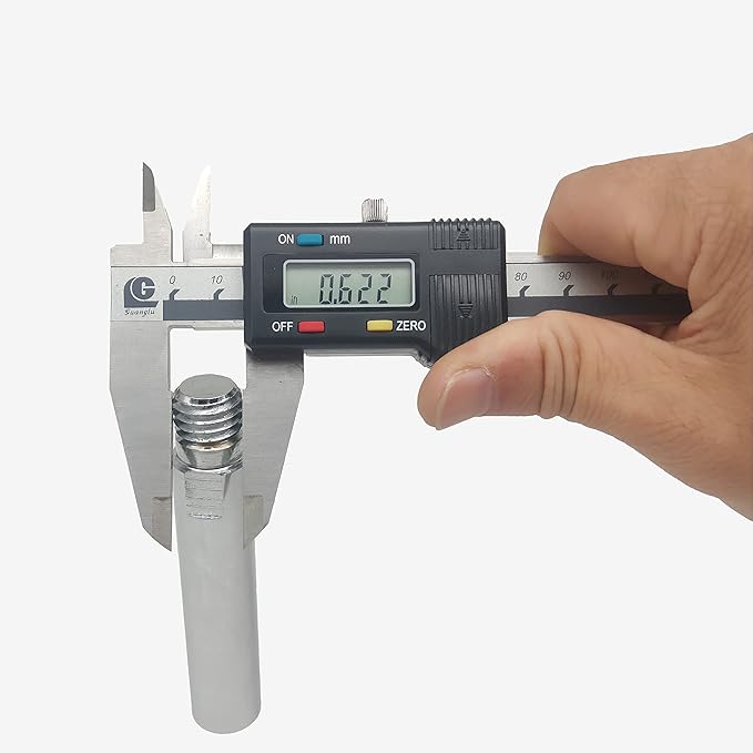 A close-up of the angle grinder extension shaft being measured with a digital caliper, confirming the precise 5/8-11 thread diameter.