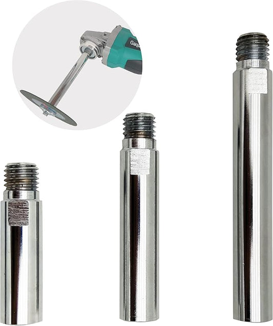 A 3-piece set of angle grinder extension shafts with 5/8-11 thread, showing different lengths and their use with an angle grinder for extended reach.