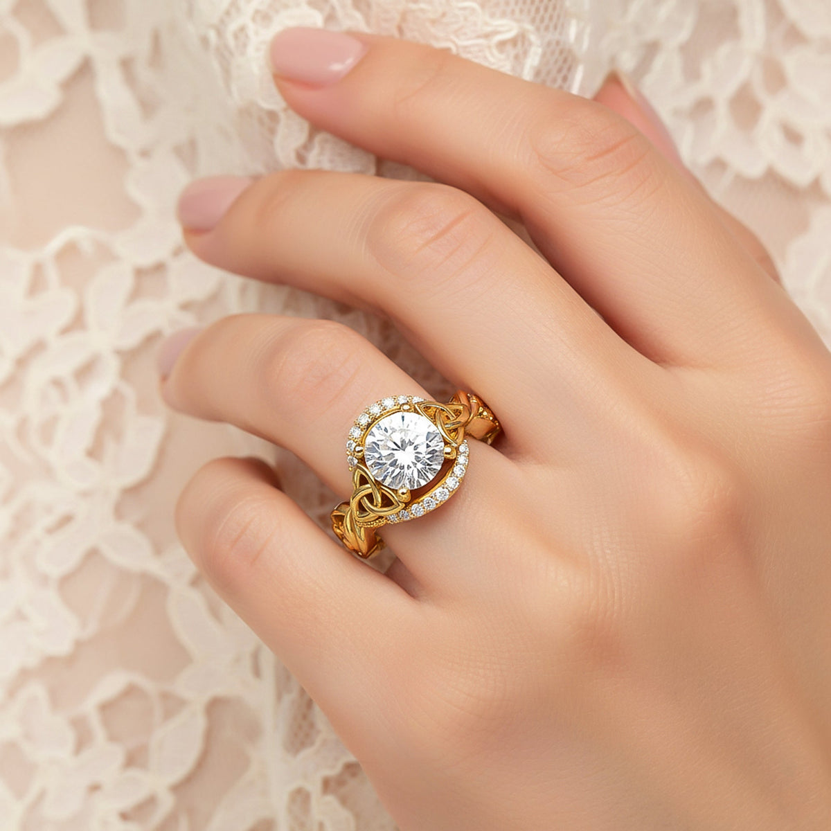 Celtic Engagement Ring 2 Carat Round Lab Grown Diamond Trinity Knot Wedding Ring Nature Inspired