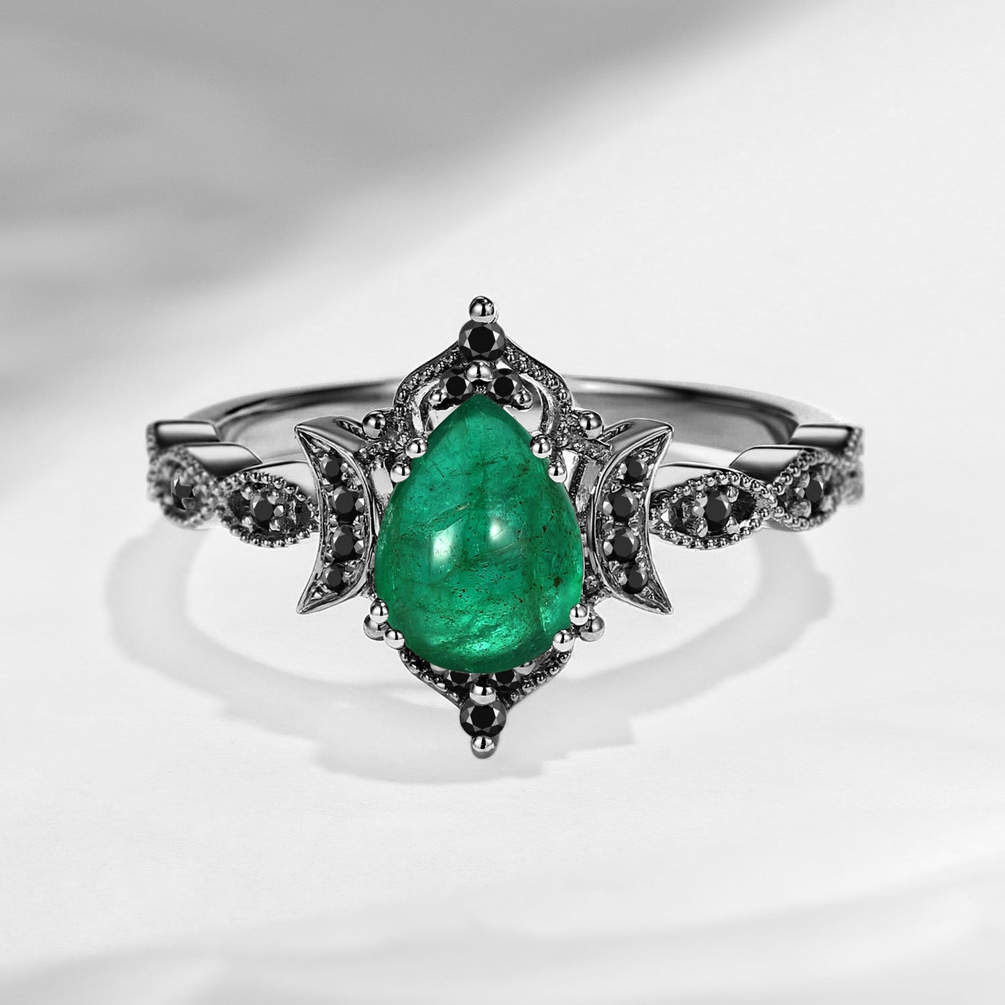 Crescent Moon | Unique Gothic Pear Cut Natural Emerald Engagement Ring - Eclipse