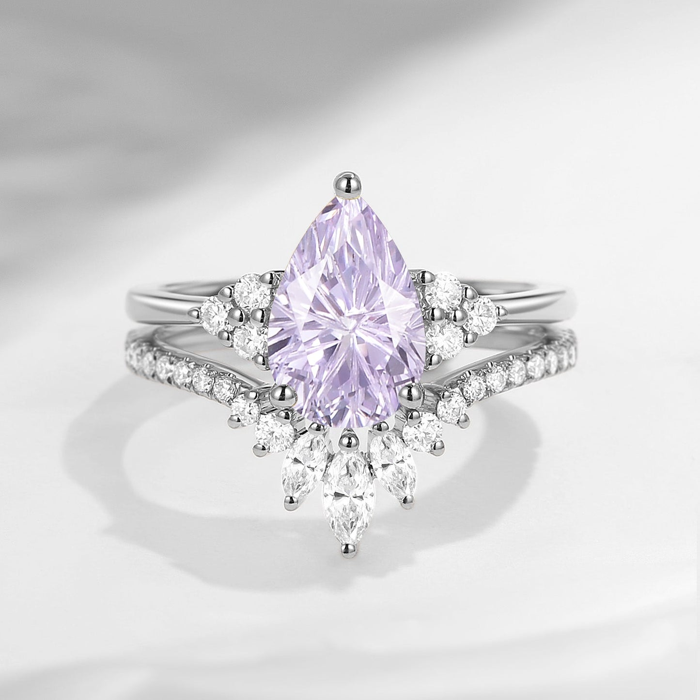'Vivian' - Firework Cut Pear Lab Lavender Sapphire Cluster Engagement Ring Set