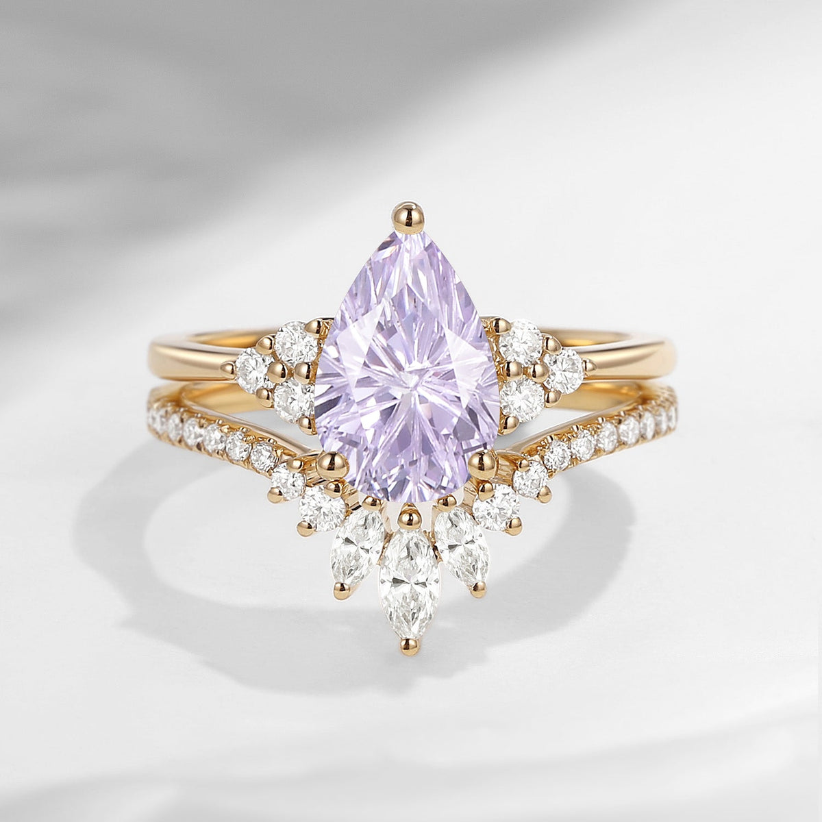 'Vivian' - Firework Cut Pear Lab Lavender Sapphire Cluster Engagement Ring Set