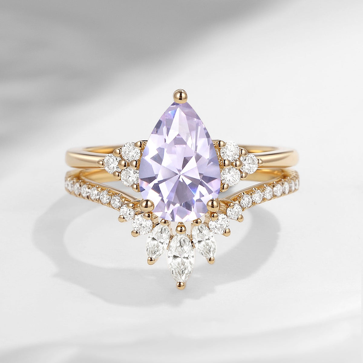 Pear Cut Lab Lavender Sapphire Cluster Engagement Ring Set 2pcs - Vivian