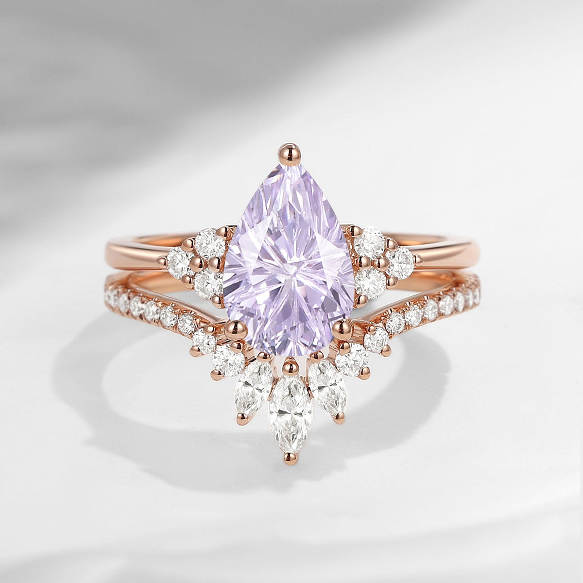 'Vivian' - Firework Cut Pear Lab Lavender Sapphire Cluster Engagement Ring Set