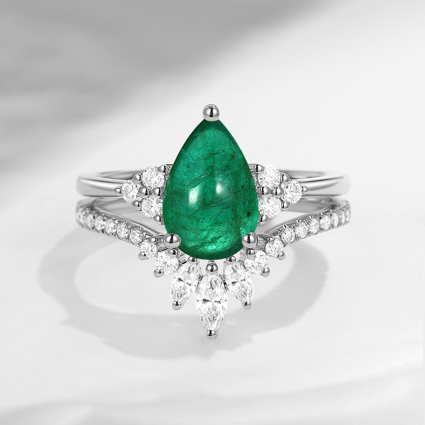 'Vivian' - Classic Style Pear Natural Emerald Cluster Engagement Ring Set