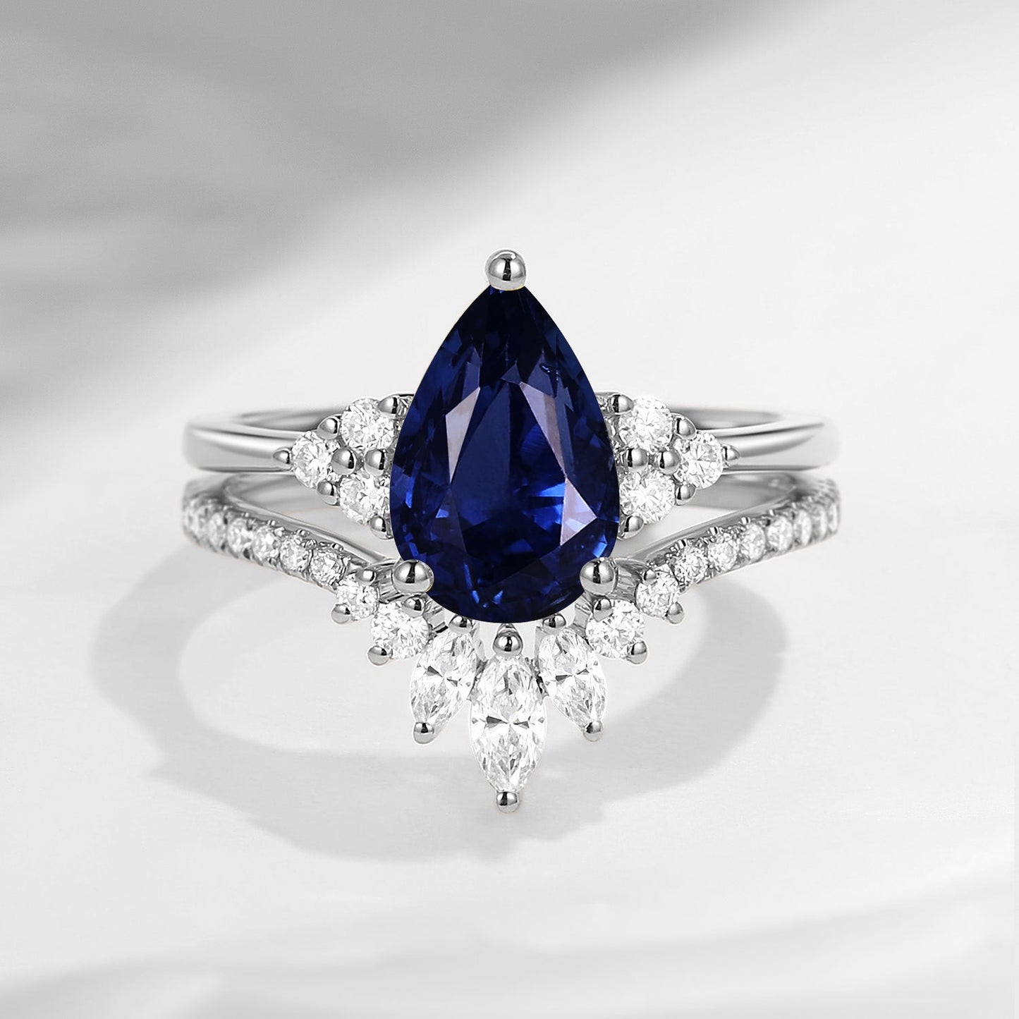 'Vivian' - Classic Style Pear Cut Natural Deep Blue Sapphire Cluster Engagement Ring Set