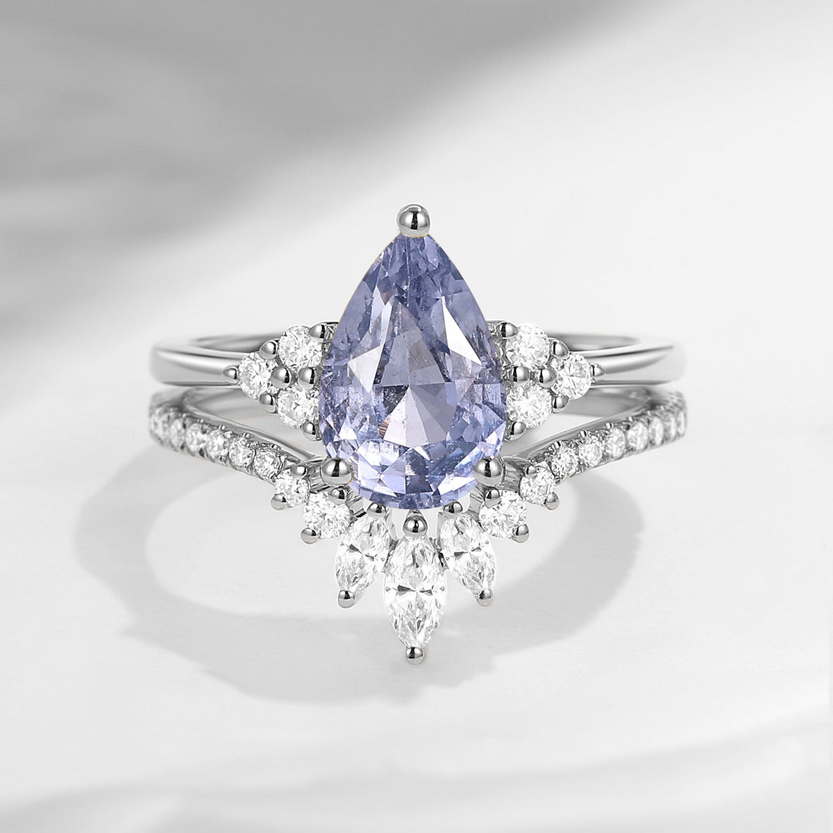 Pear Shaped Natural Spinel Classic Cluster Engagement Ring Set 2pcs - Vivian