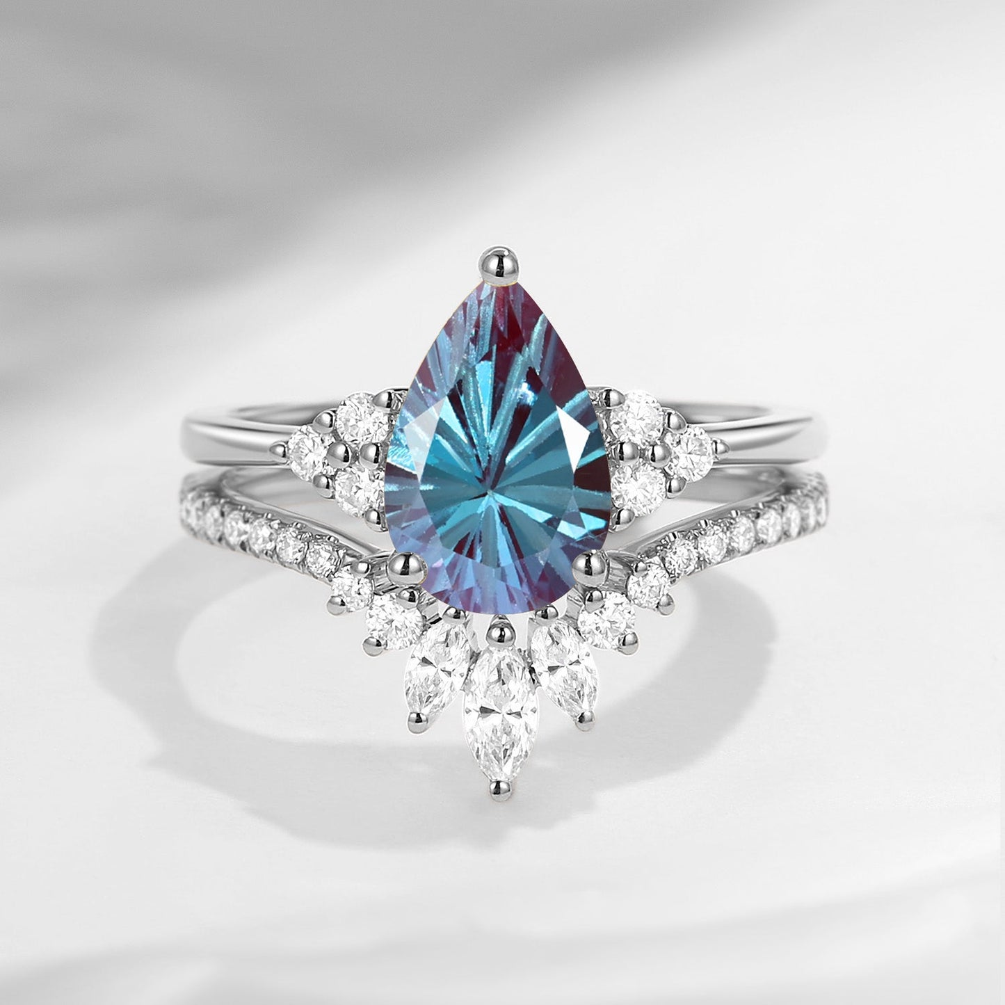 'Vivian' - Firework Cut Pear Lab Alexandrite Classic Cluster Engagement Ring Set