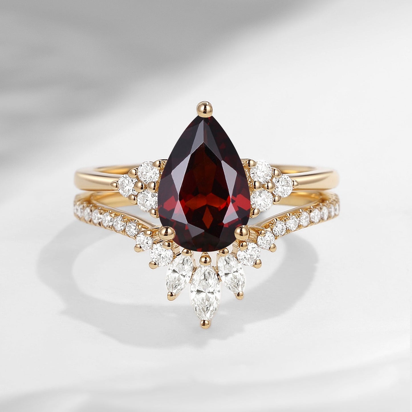 1.5ct Pear Shaped Classic Cluster Garnet Engagement Ring Set 2pcs - Vivian