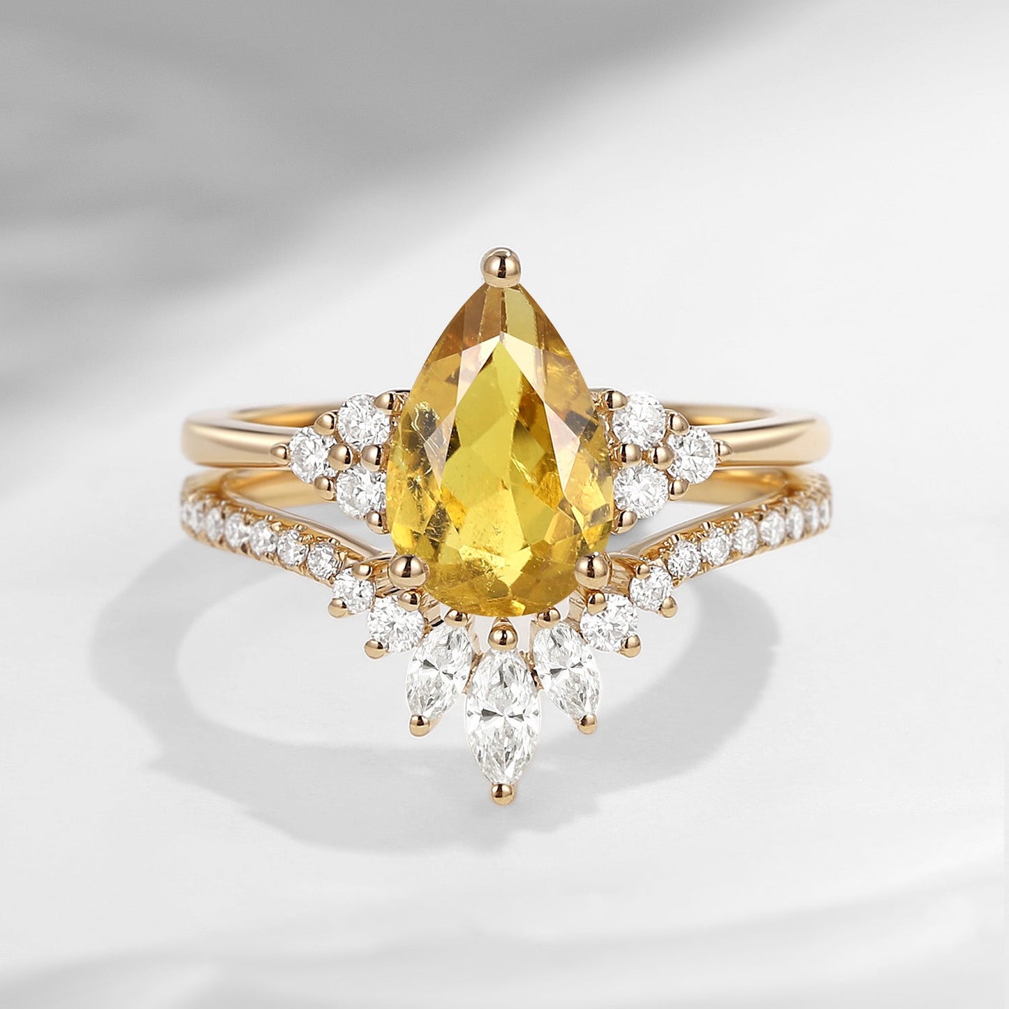 Classic Style Pear Natural Yellow Tourmaline Cluster Engagement Ring Set 2pcs - Vivian