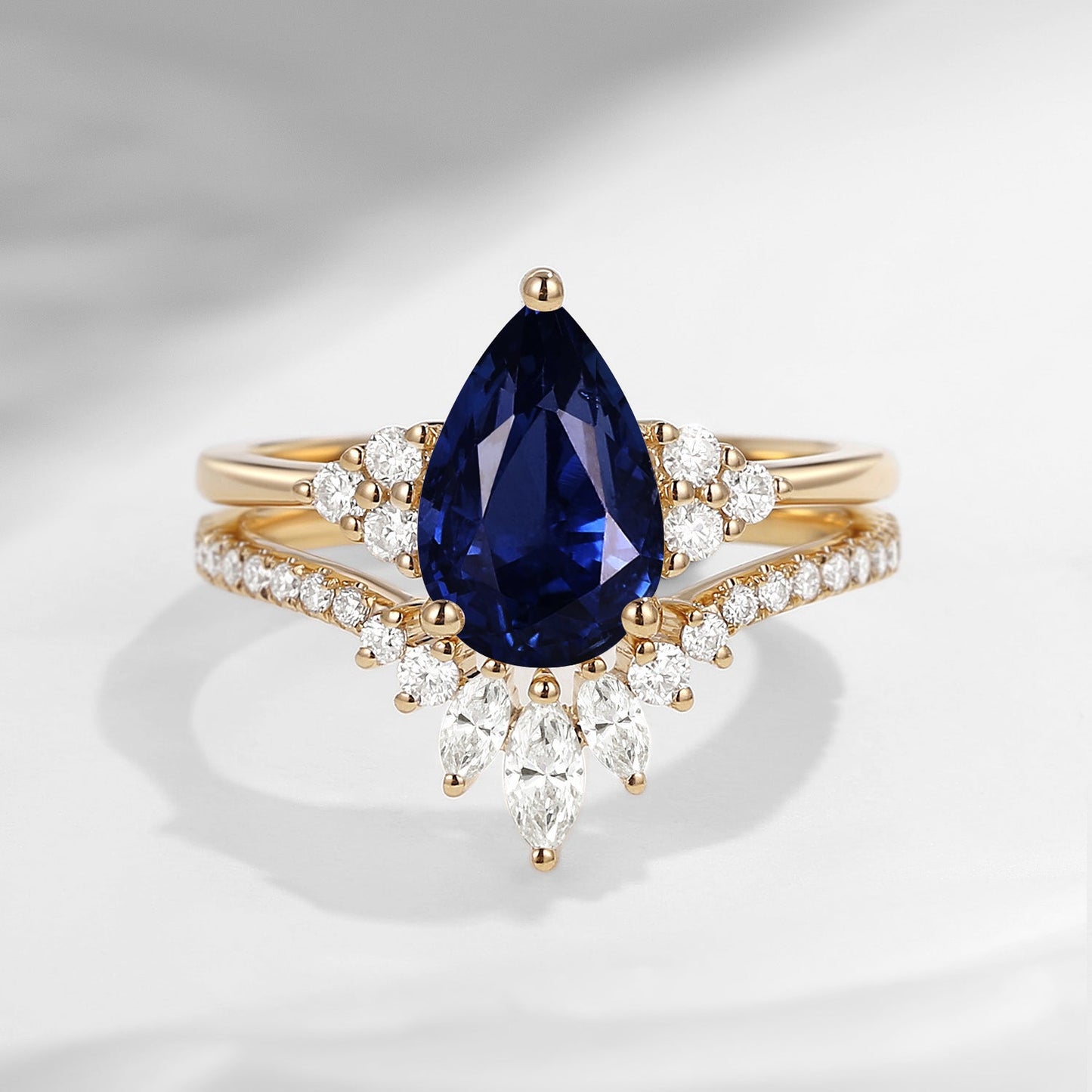 'Vivian' - Classic Style Pear Cut Natural Deep Blue Sapphire Cluster Engagement Ring Set