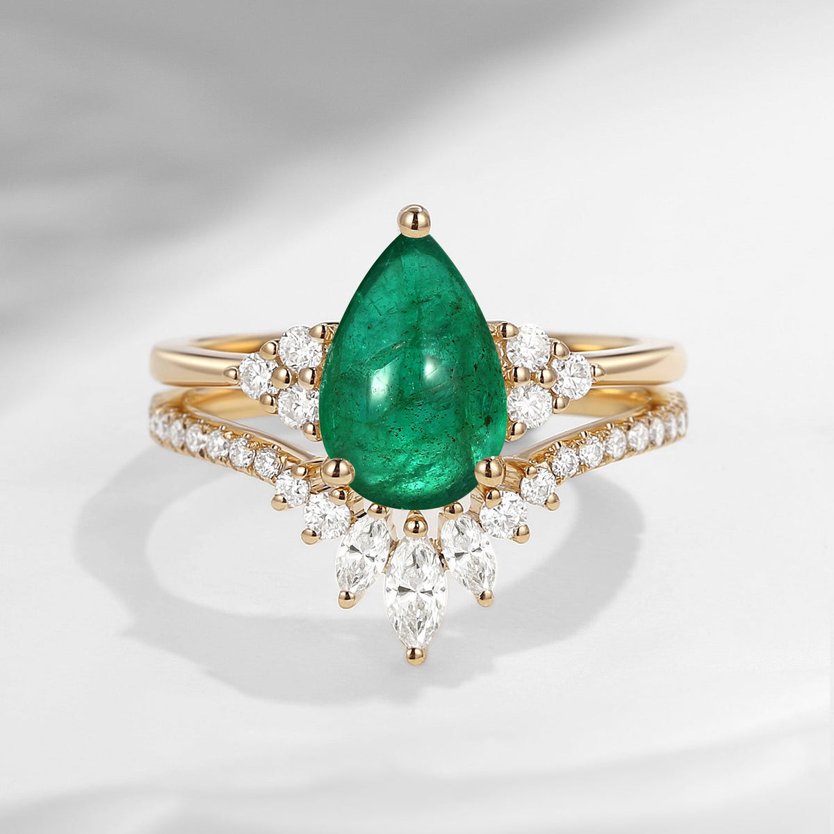 'Vivian' - Classic Style Pear Natural Emerald Cluster Engagement Ring Set