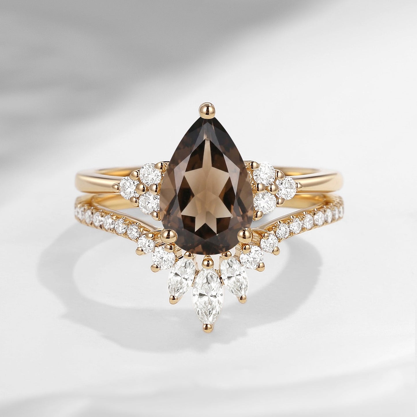 Pear Cut Smokey Quartz Cluster Engagement Ring Set 2pcs - Vivian