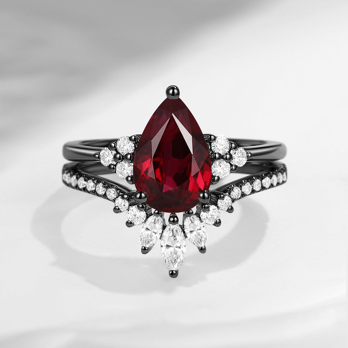 Classic Style Pear Natural Ruby Cluster Engagement Ring Set 2pcs - Vivian