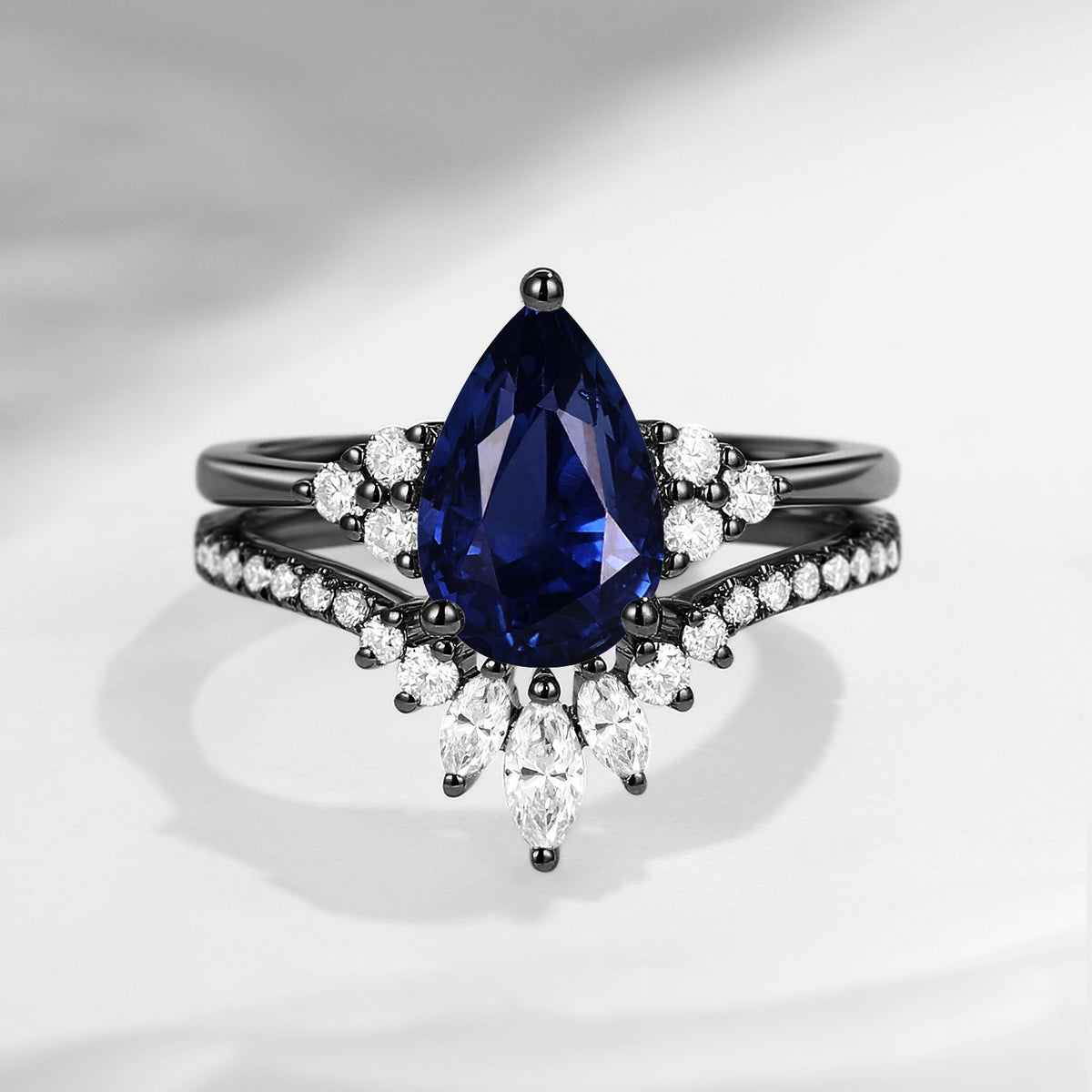 'Vivian' - Classic Style Pear Cut Natural Deep Blue Sapphire Cluster Engagement Ring Set