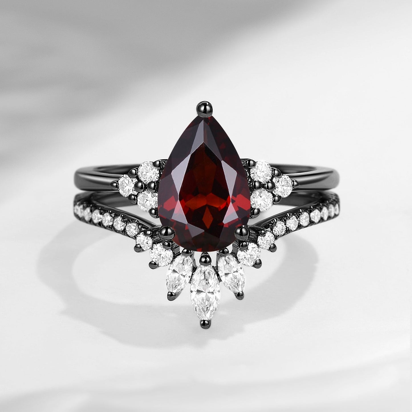 1.5ct Pear Shaped Classic Cluster Garnet Engagement Ring Set 2pcs - Vivian