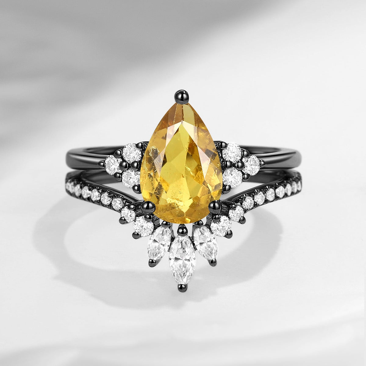 Classic Style Pear Natural Yellow Tourmaline Cluster Engagement Ring Set 2pcs - Vivian