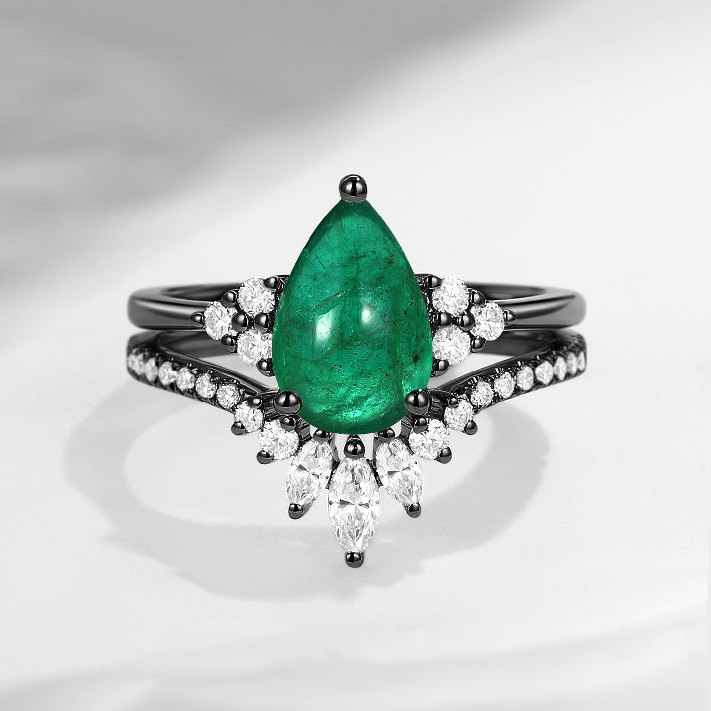 'Vivian' - Classic Style Pear Natural Emerald Cluster Engagement Ring Set