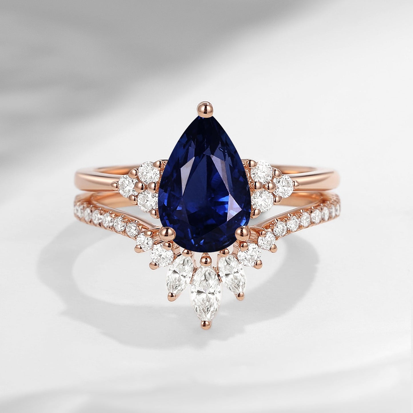 'Vivian' - Classic Style Pear Cut Natural Deep Blue Sapphire Cluster Engagement Ring Set