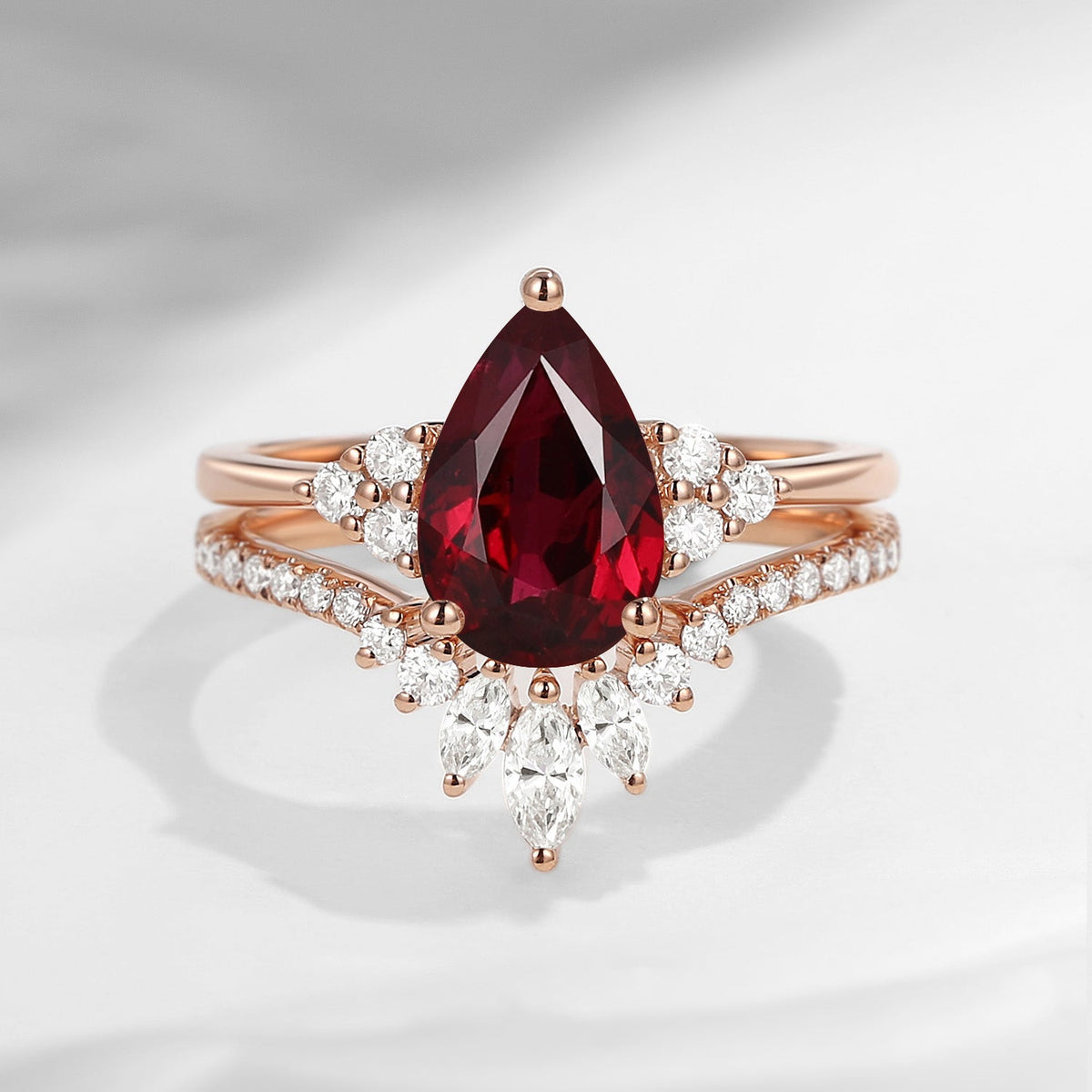 Classic Style Pear Natural Ruby Cluster Engagement Ring Set 2pcs - Vivian