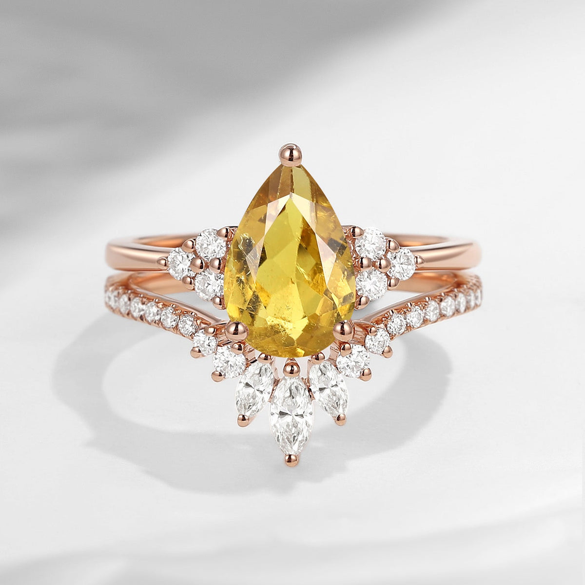 Classic Style Pear Natural Yellow Tourmaline Cluster Engagement Ring Set 2pcs - Vivian