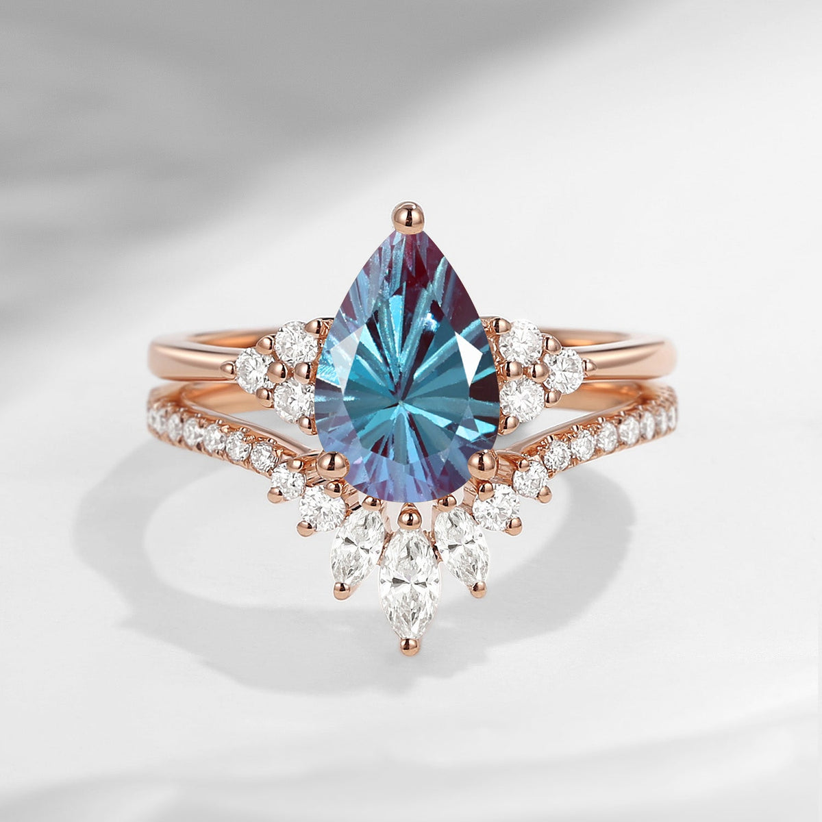 'Vivian' - Firework Cut Pear Lab Alexandrite Classic Cluster Engagement Ring Set
