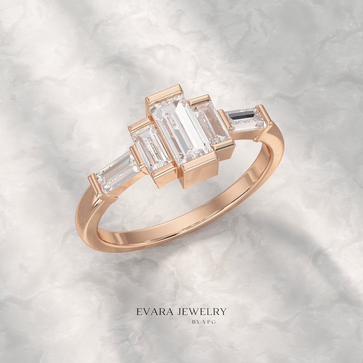 Art Deco Baguette Diamond 5 Stone Statement Ring