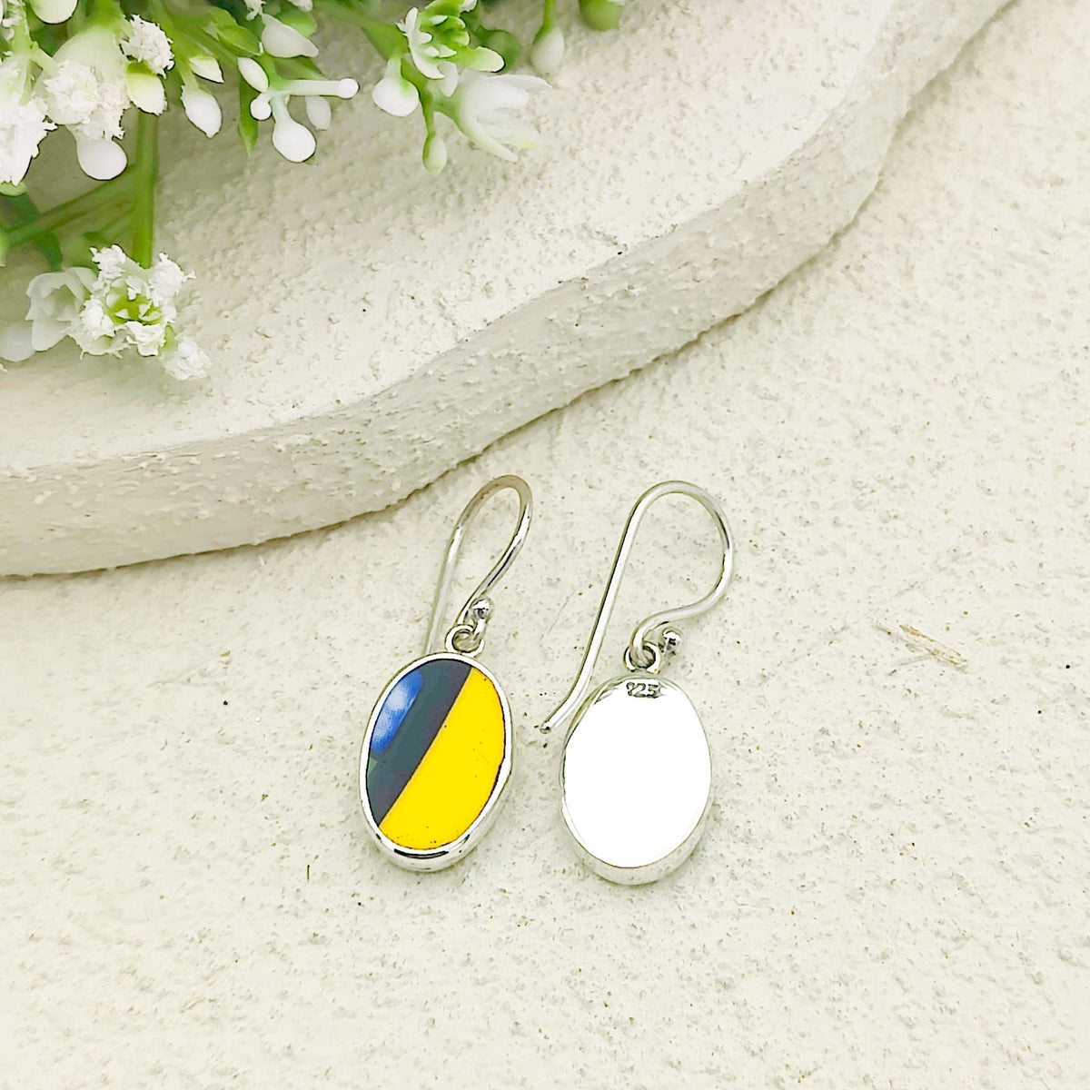 Art Deco Oval Earrings | Upcycled Clarice Cliff Ceramics | Green and Blue Ovals | Sterling Silver