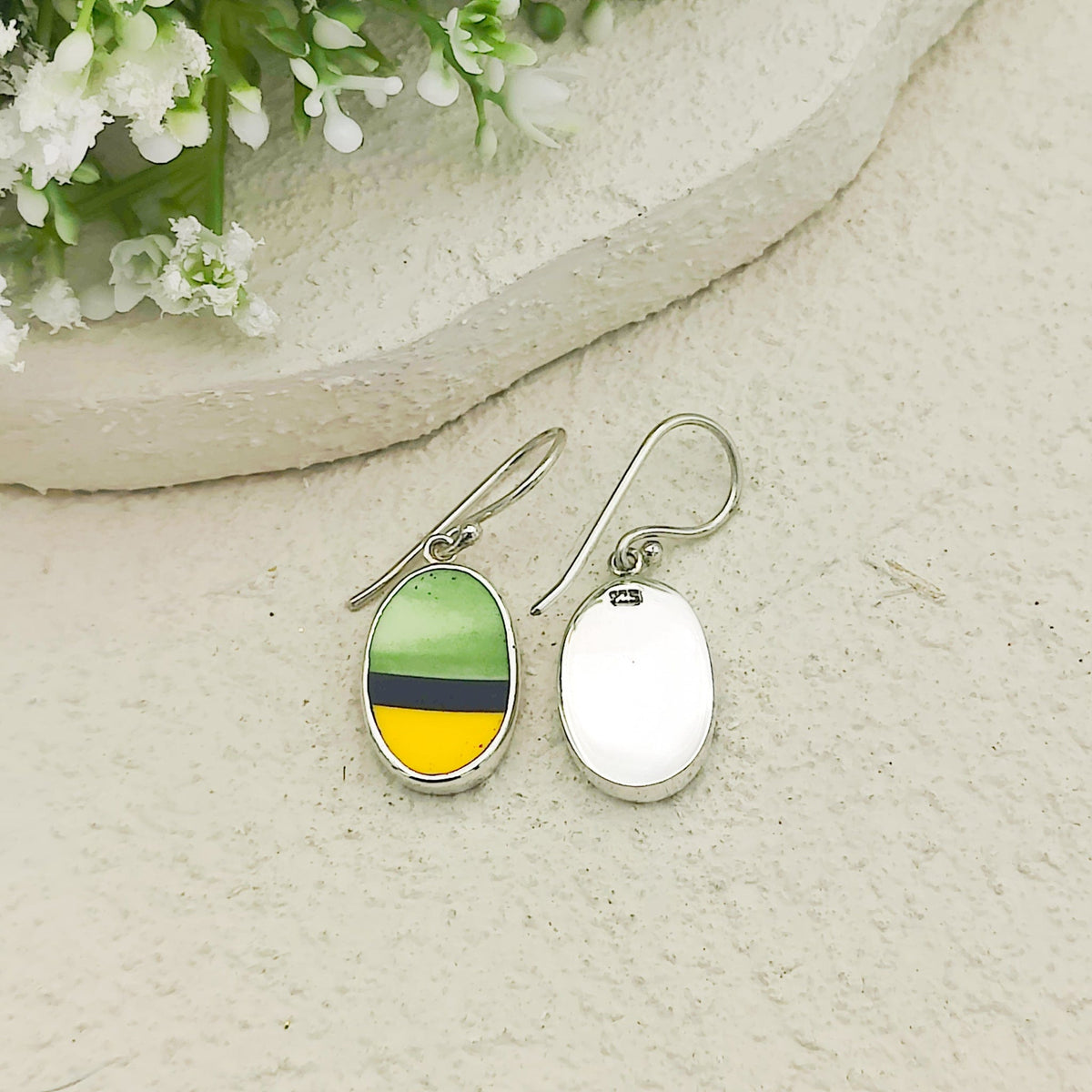 Art Deco Oval Earrings | Upcycled Clarice Cliff Ceramics | Green and Blue Ovals | Sterling Silver