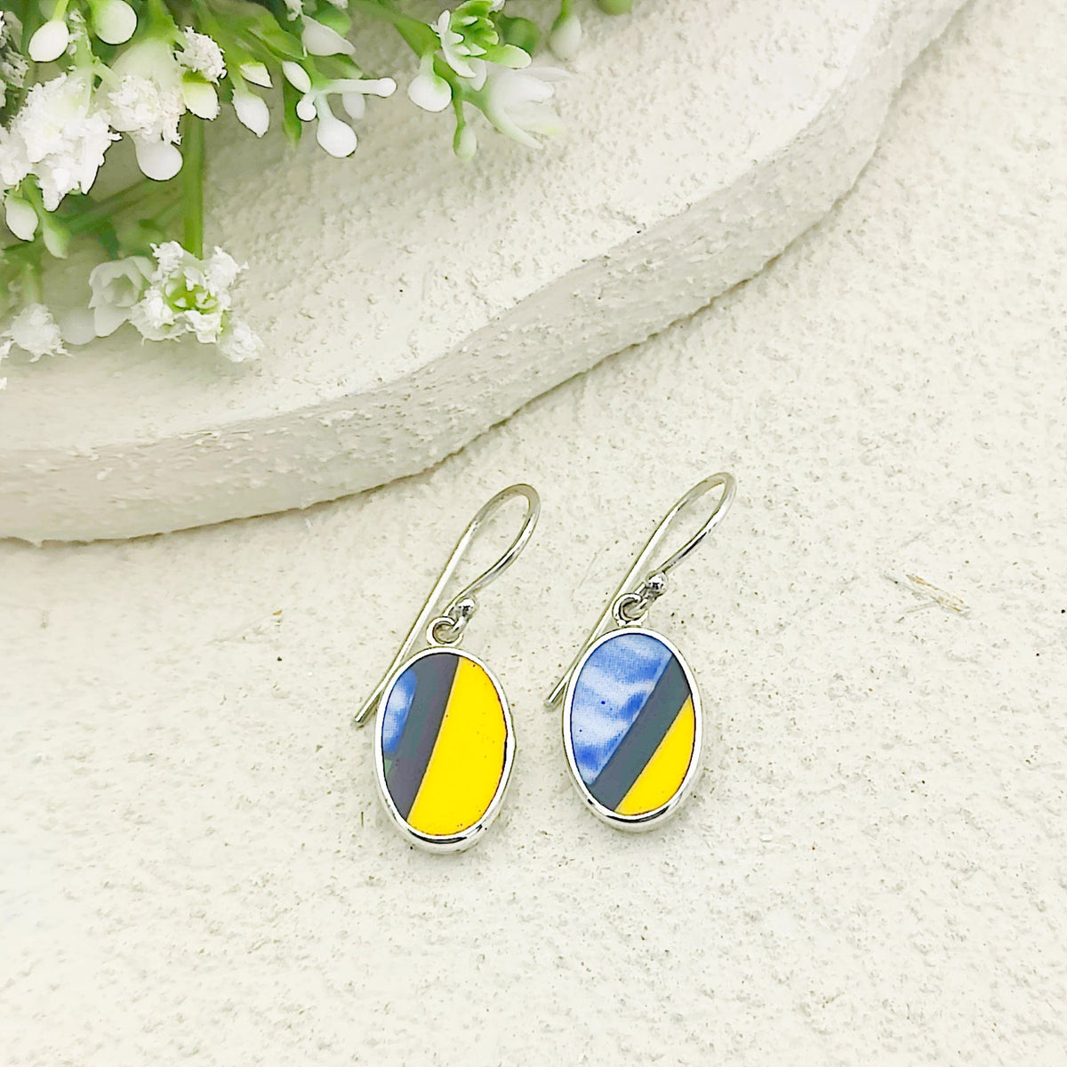 Art Deco Oval Earrings | Upcycled Clarice Cliff Ceramics | Green and Blue Ovals | Sterling Silver