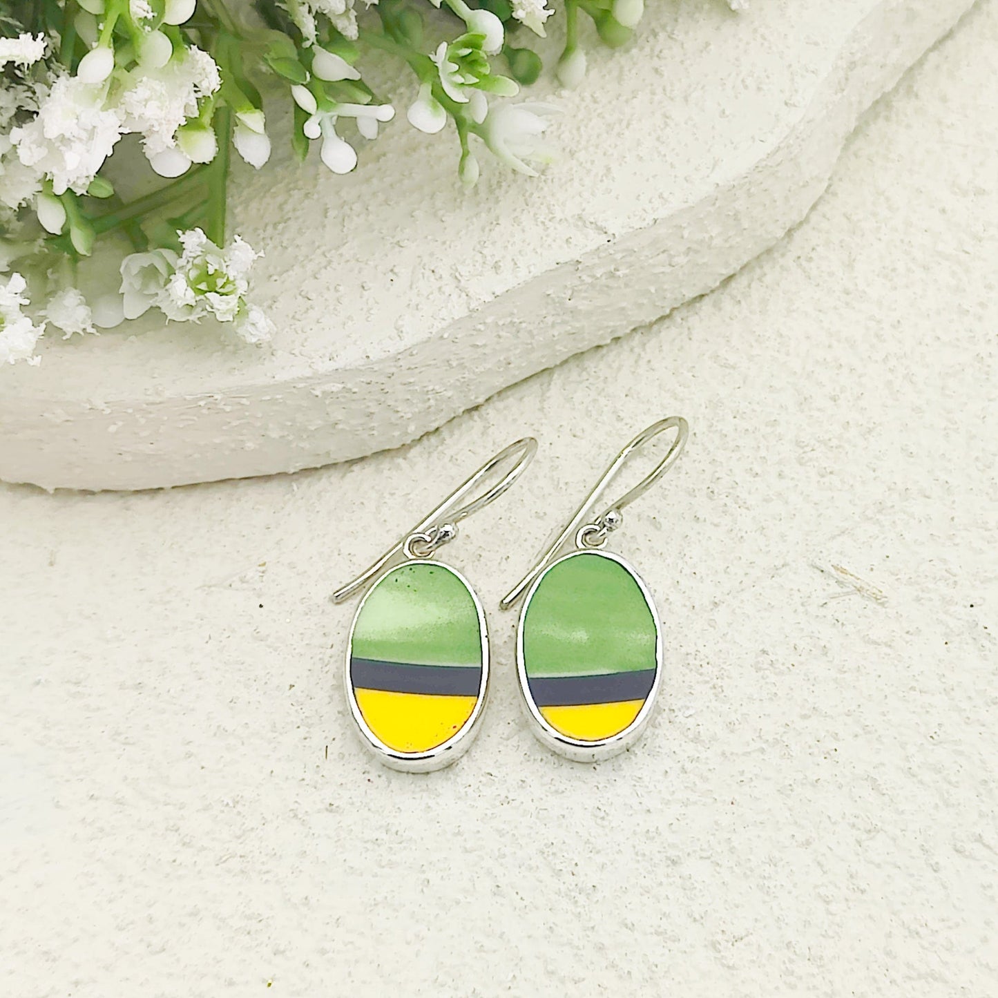 Art Deco Oval Earrings | Upcycled Clarice Cliff Ceramics | Green and Blue Ovals | Sterling Silver