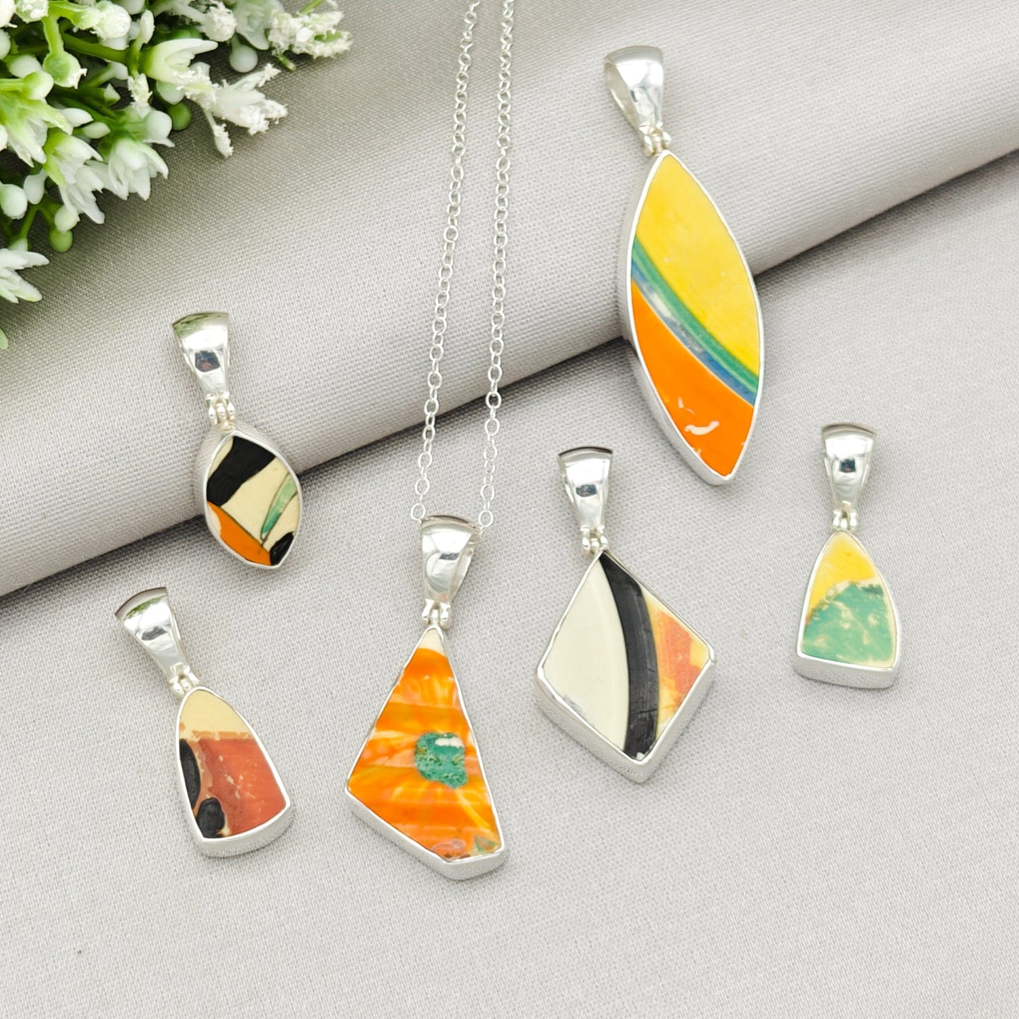 Crocus Clarice Cliff Art Deco Necklace | Upcycled Sterling Silver Heritage Jewellery