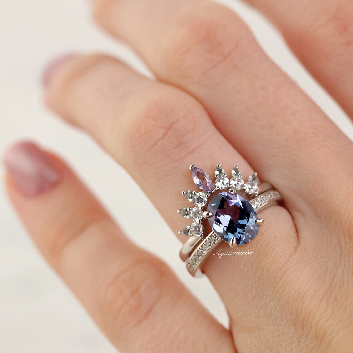 Alexandrite Curved Wedding Band in Sterling Silver
