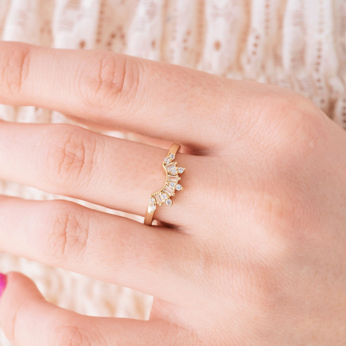 Moissanite Crown Wedding Band in Solid 14K Yellow Gold
