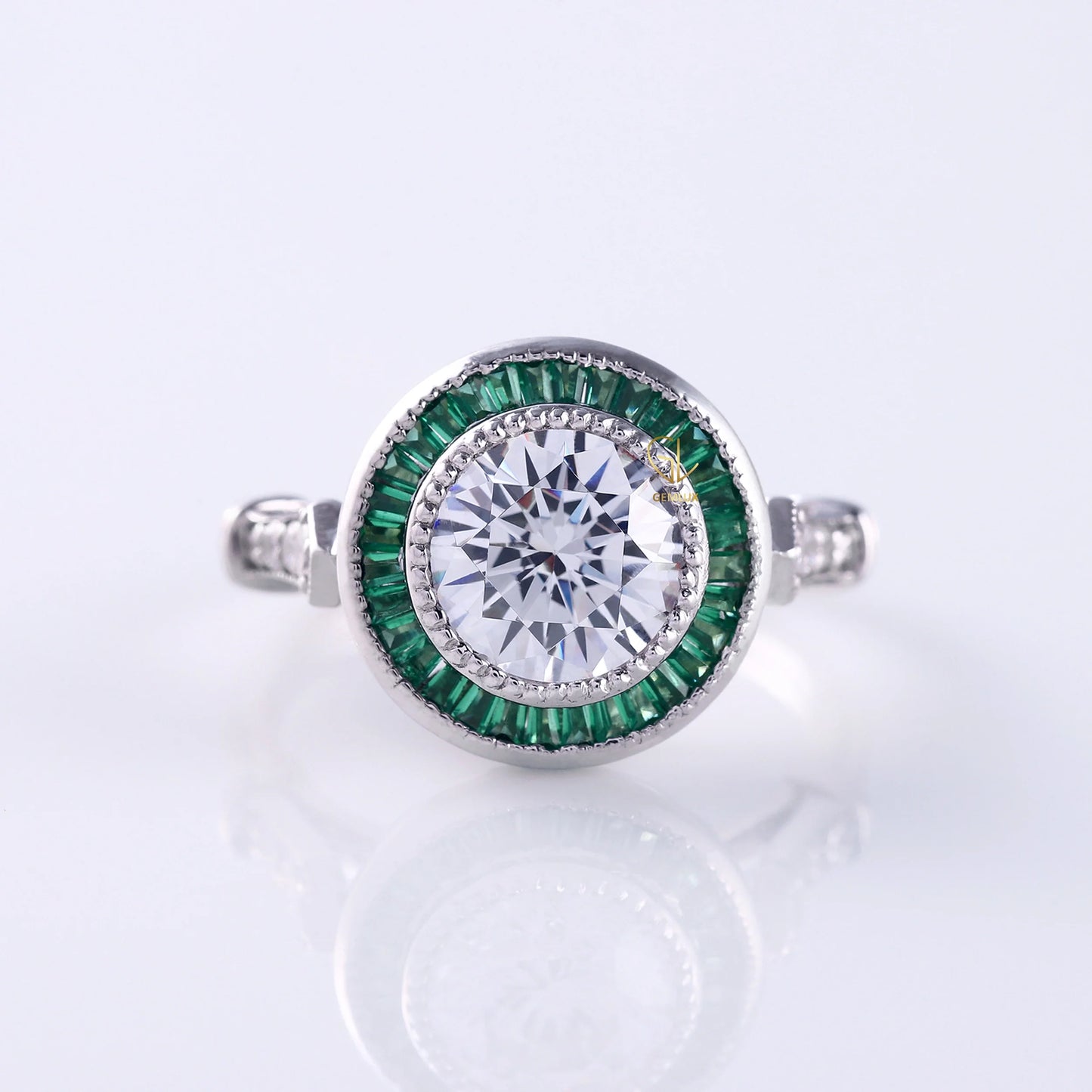 Bezel Set Art Deco Round Moissanite Halo Engagement Ring