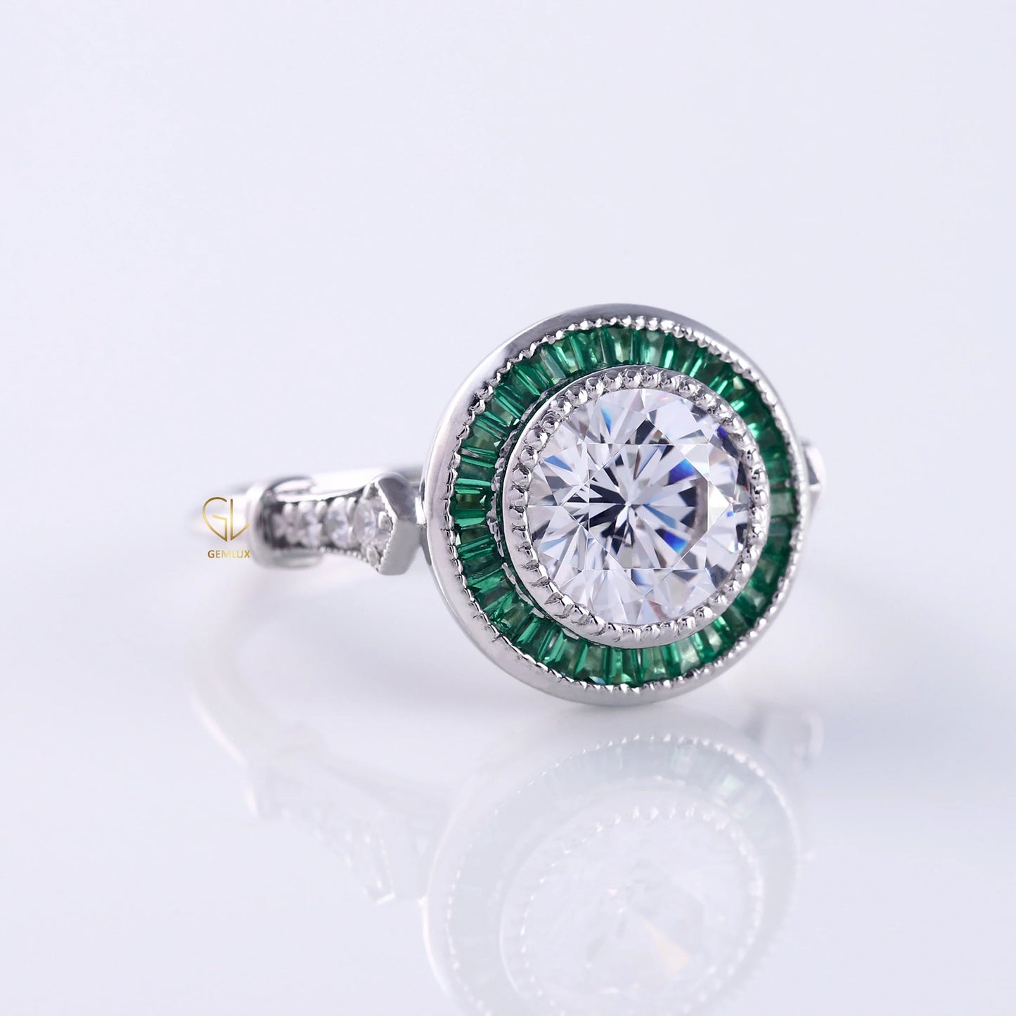 Bezel Set Art Deco Round Moissanite Halo Engagement Ring
