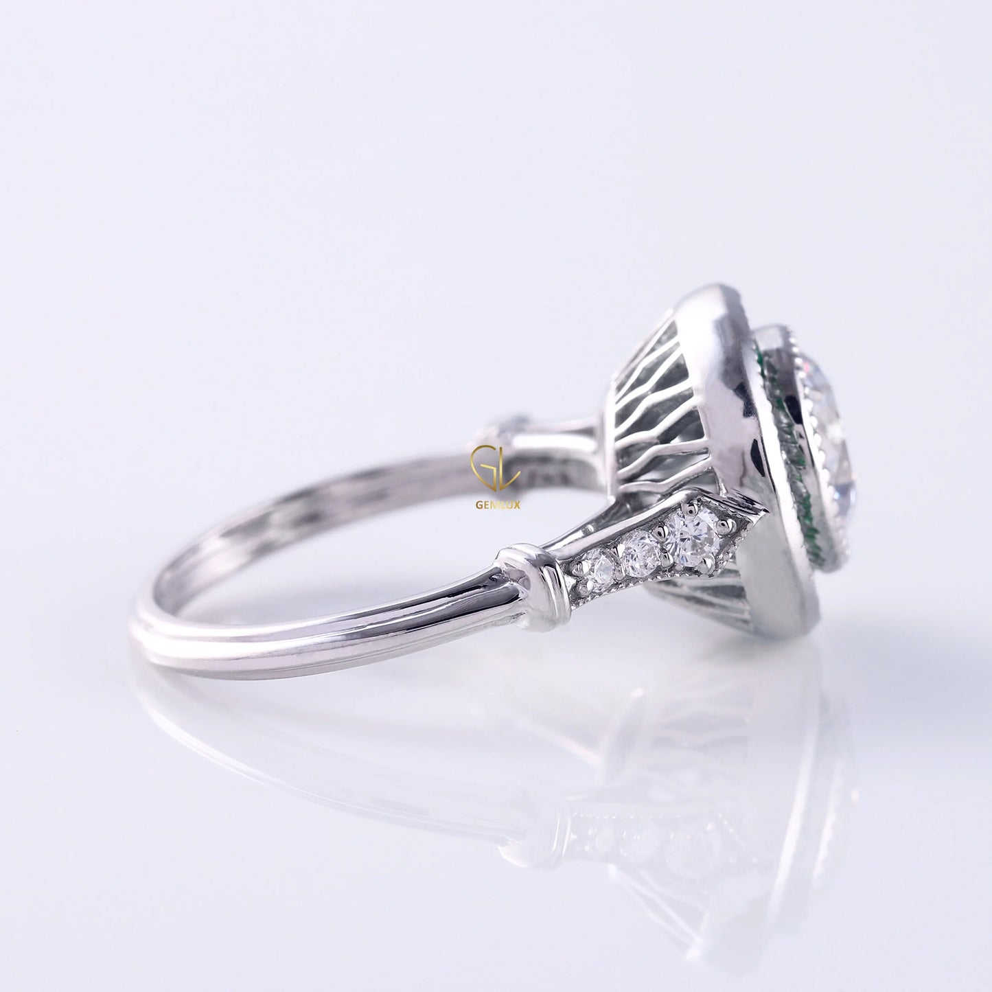 Bezel Set Art Deco Round Moissanite Halo Engagement Ring
