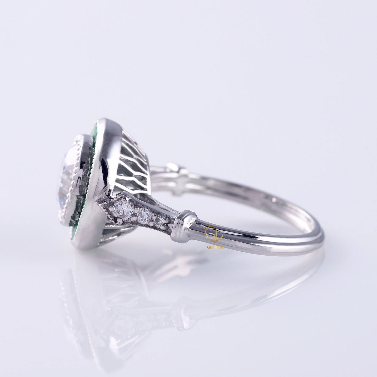 Bezel Set Art Deco Round Moissanite Halo Engagement Ring