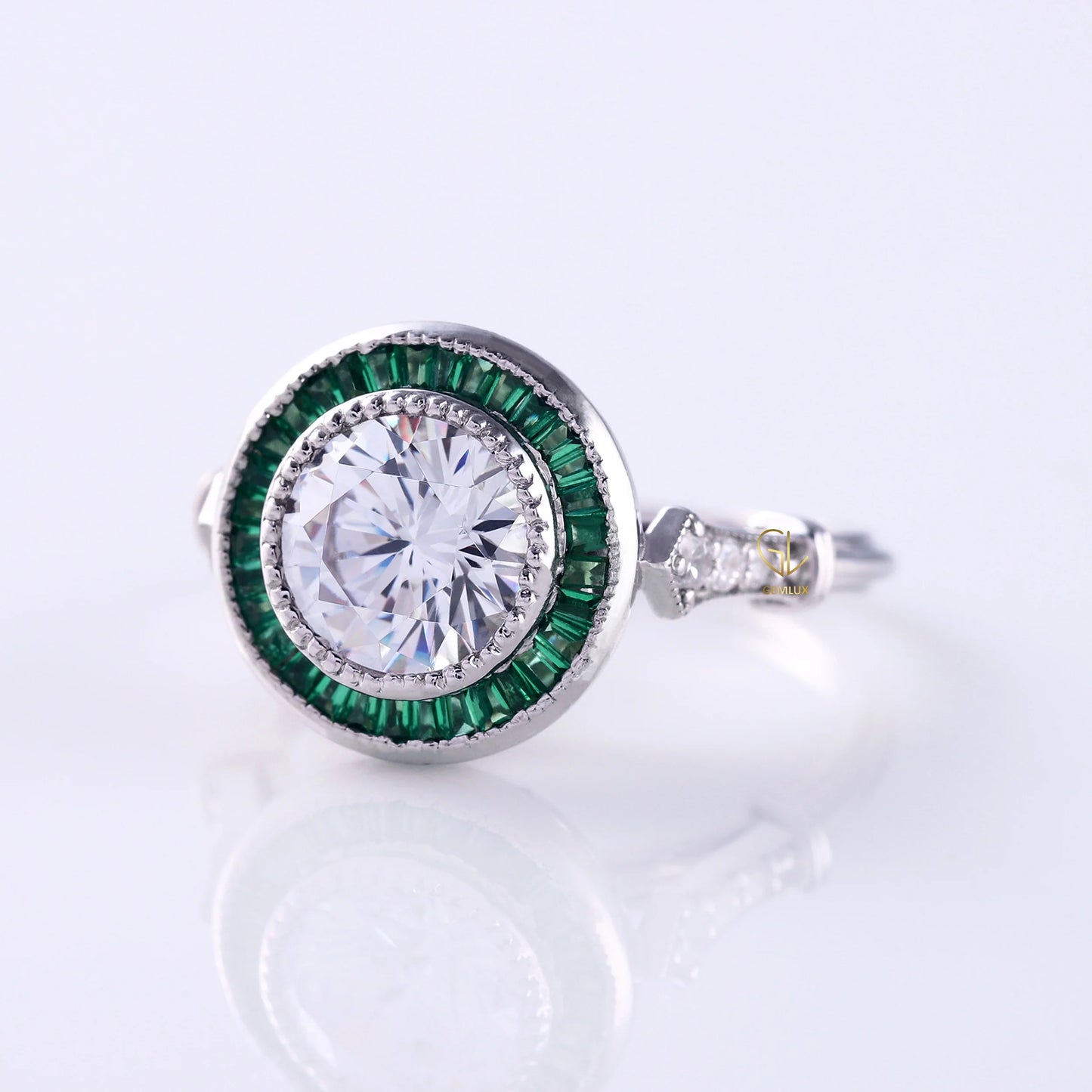 Bezel Set Art Deco Round Moissanite Halo Engagement Ring