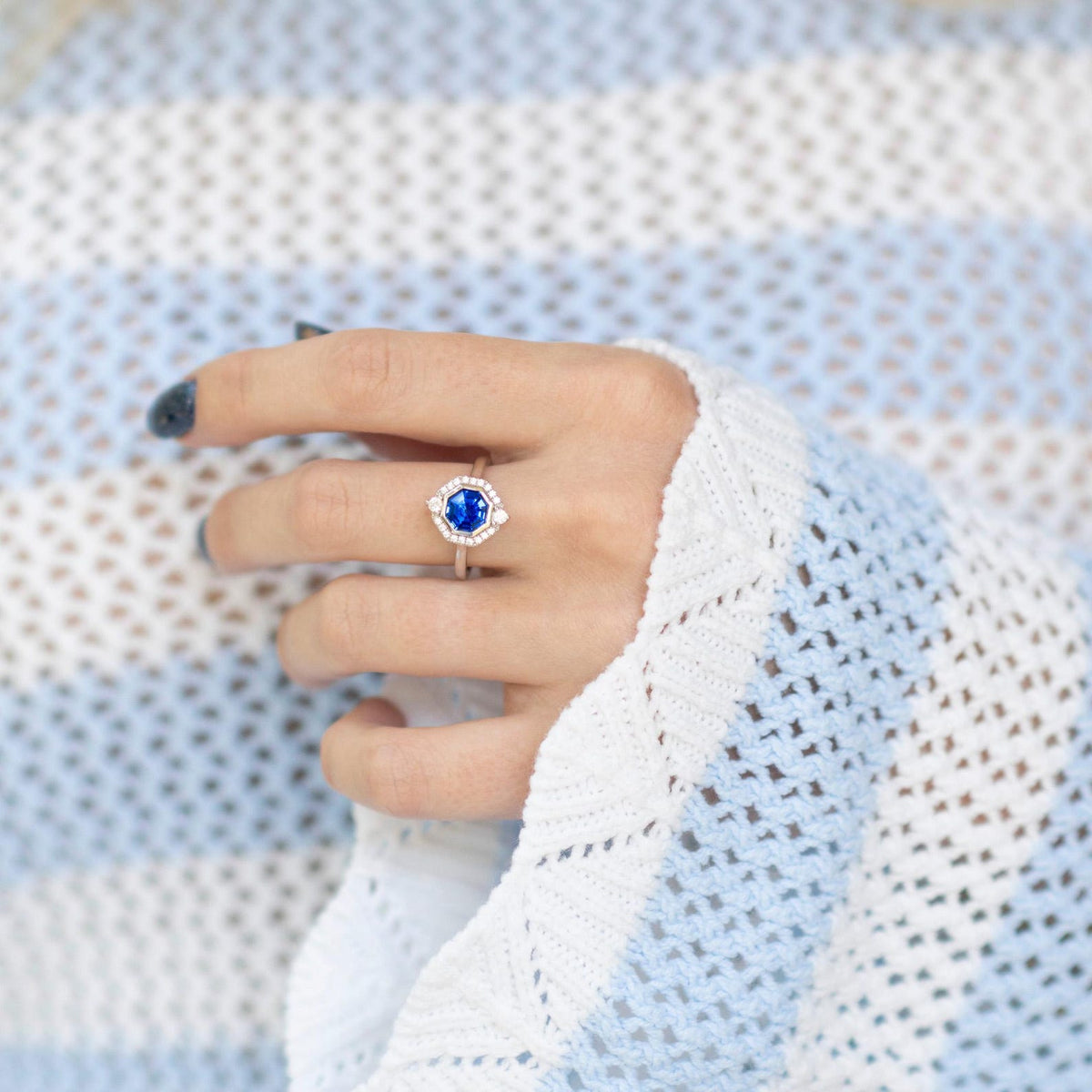 Asscher Cut Art Deco Bezel Set Blue Sapphire Ring in Sterling Silver