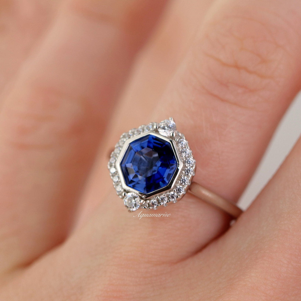 Asscher Cut Art Deco Bezel Set Blue Sapphire Ring in Sterling Silver
