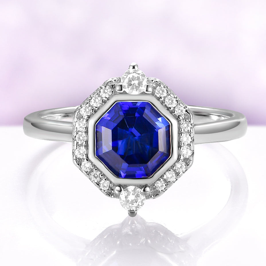 Asscher Cut Art Deco Bezel Set Blue Sapphire Ring in Sterling Silver