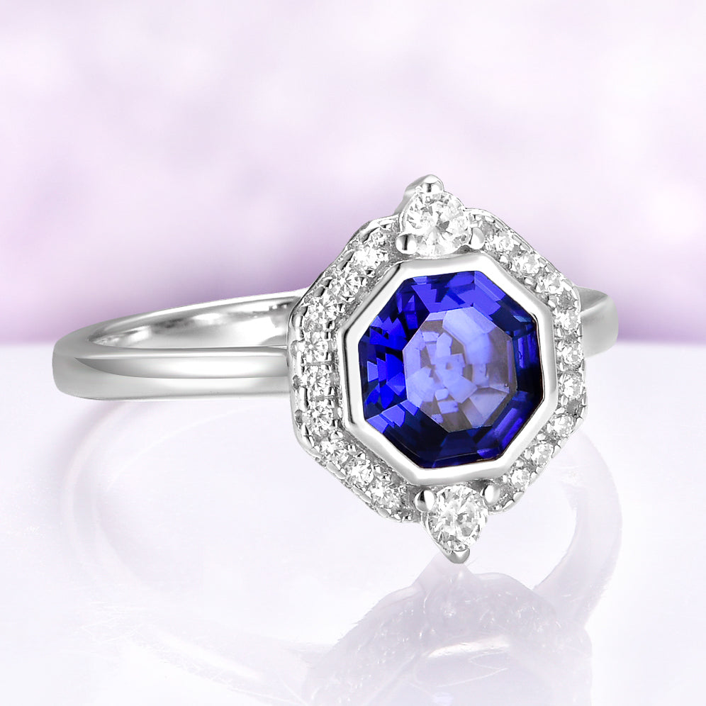Asscher Cut Art Deco Bezel Set Blue Sapphire Ring in Sterling Silver