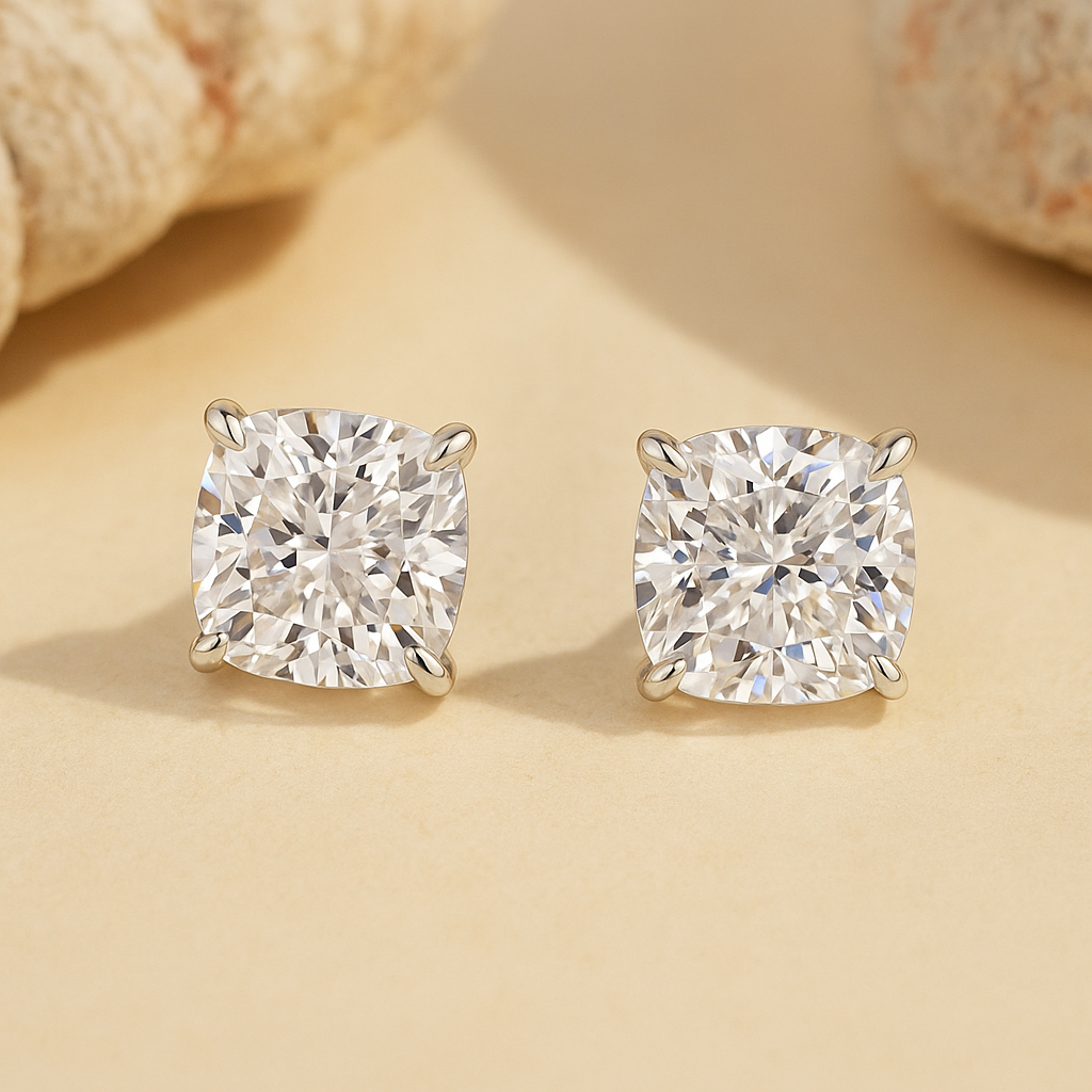 Brilliant Cushion Cut Stud Earrings In Sterling Sliver