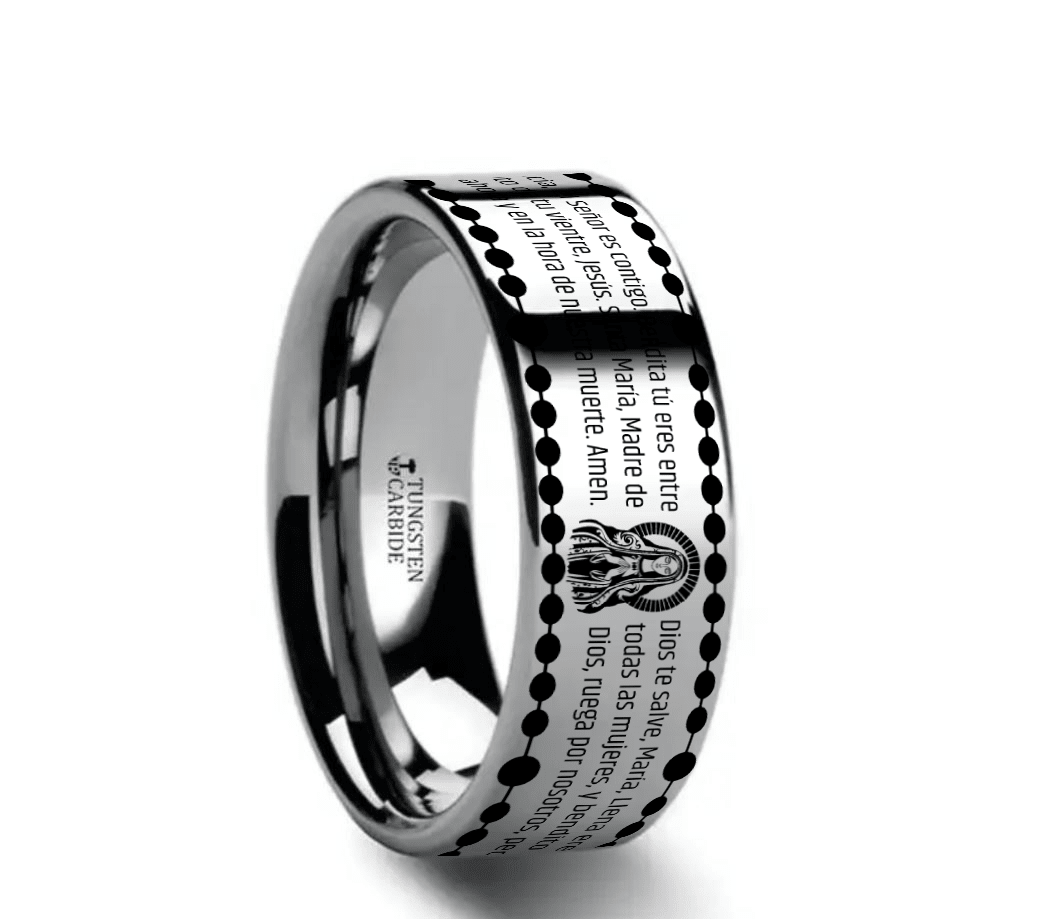 AVE | Tungsten Ave María Engraved Wedding Band, Spanish