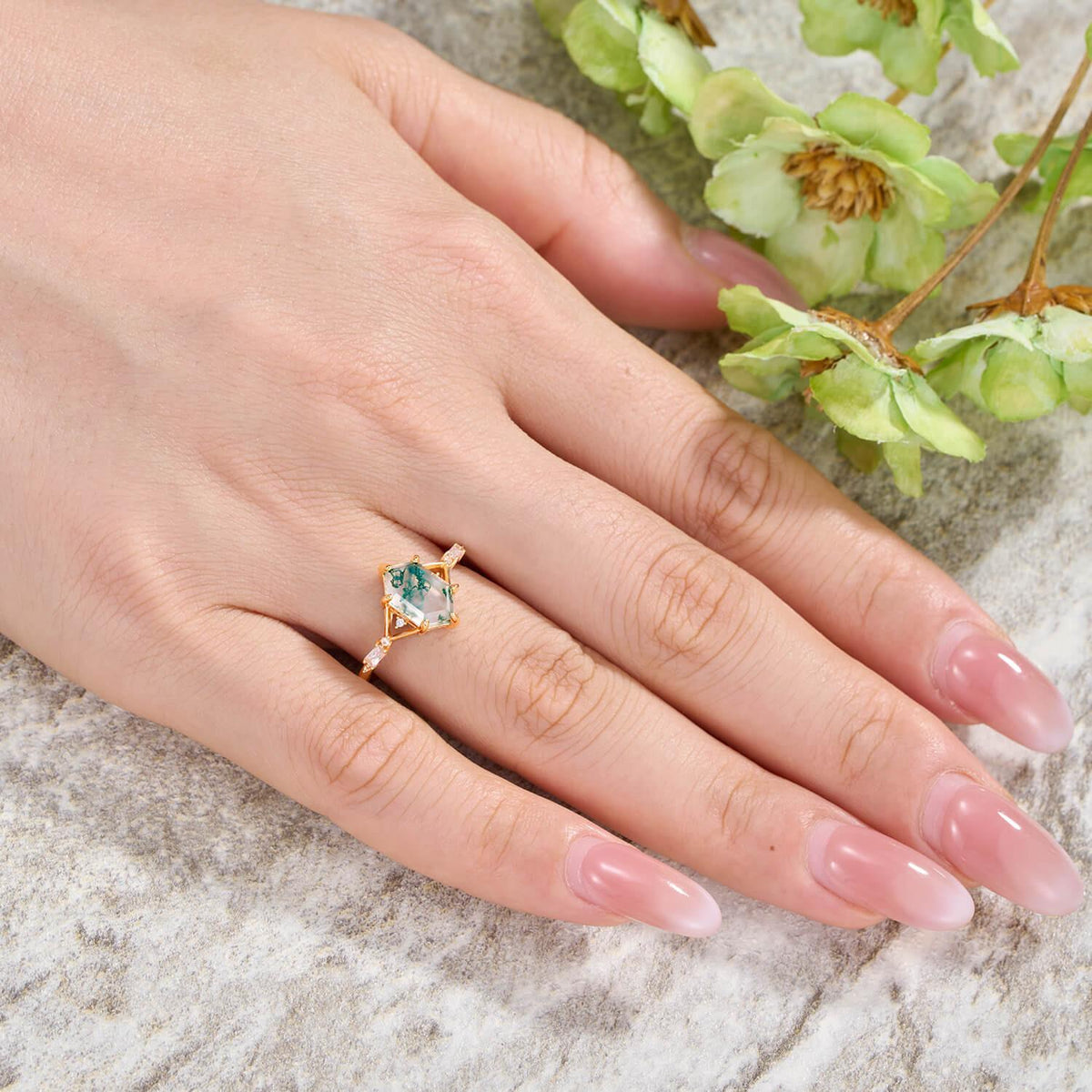 Isadora’s Imprint | Hexagon Cut Moss Agate Engagement Ring