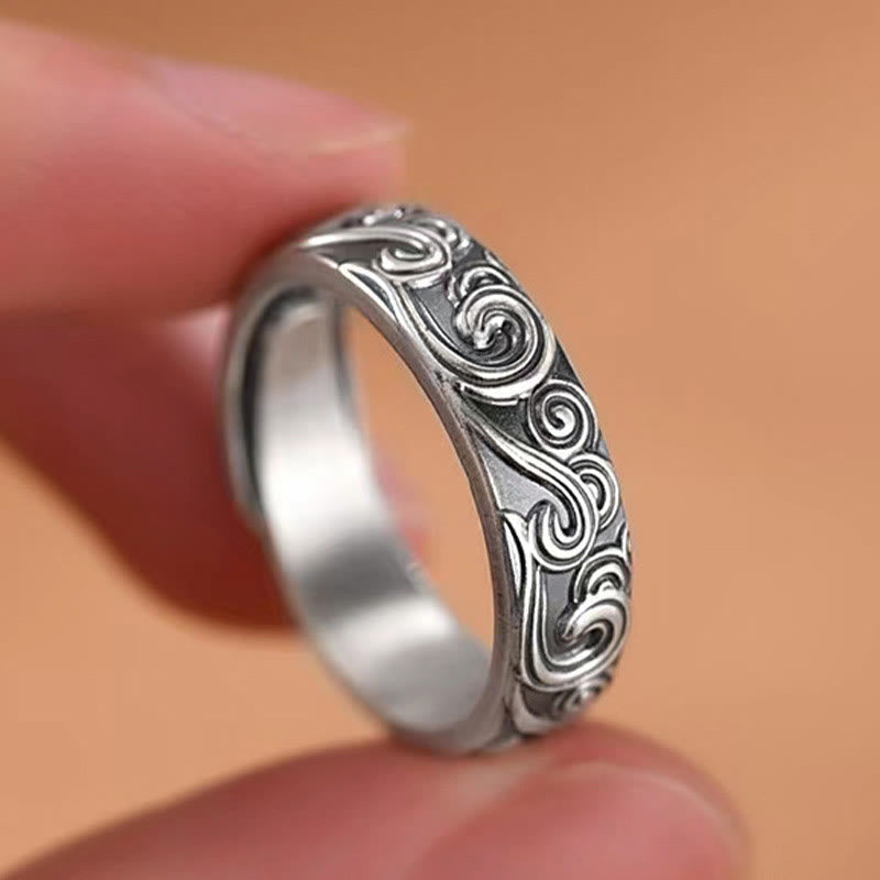 Fortune Jewel 999 Sterling Silver Auspicious Clouds Engraved Blessing Adjustable Ring
