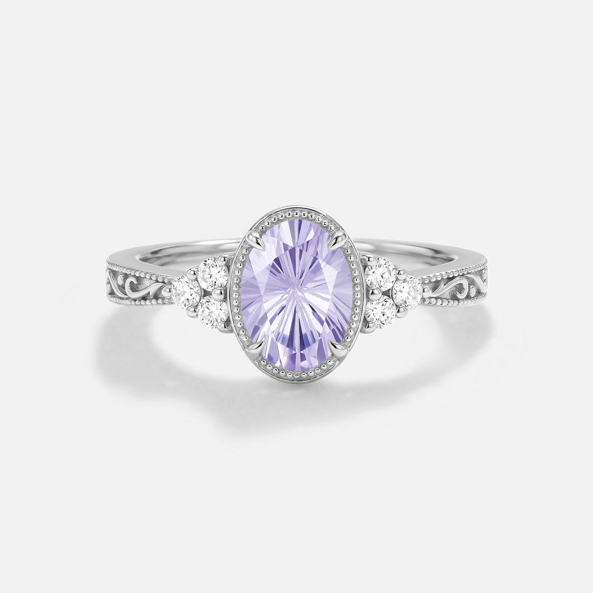 Oval Engraved Firework Lab Lavender Sapphire Bezel Engagement Ring - Ilara