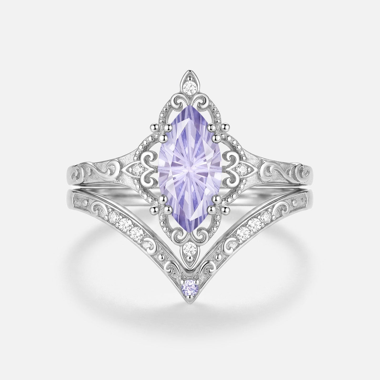 Marquise Engraved Firework Lab Lavender Sapphire Engagement Ring Sets 2pcs - Gwendolyn
