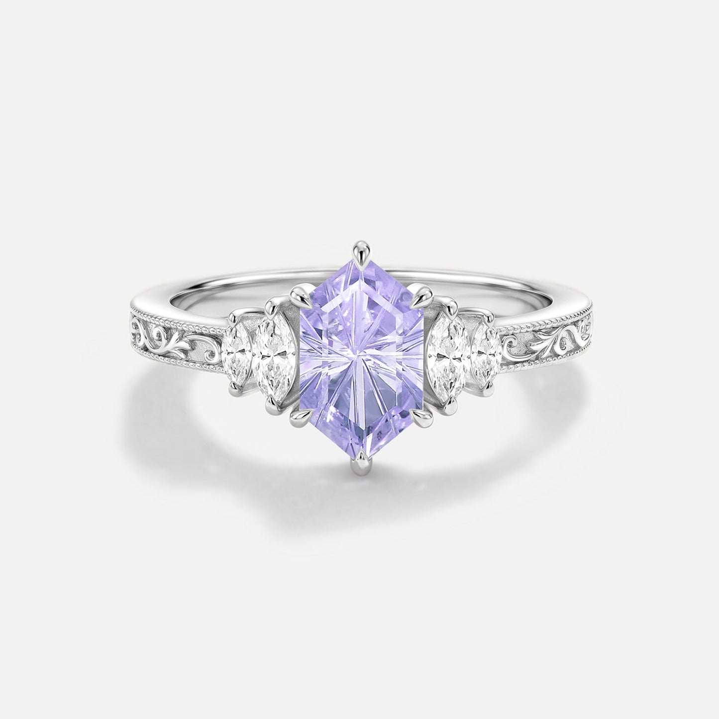 Firework Cut Lab Lavender Sapphire Hexagon Engagement Ring - Thessaly